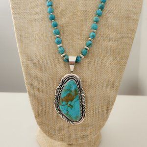 Navajo-made Royston Turquoise Beaded Sterling Silver Necklace, Pendant, Earrings